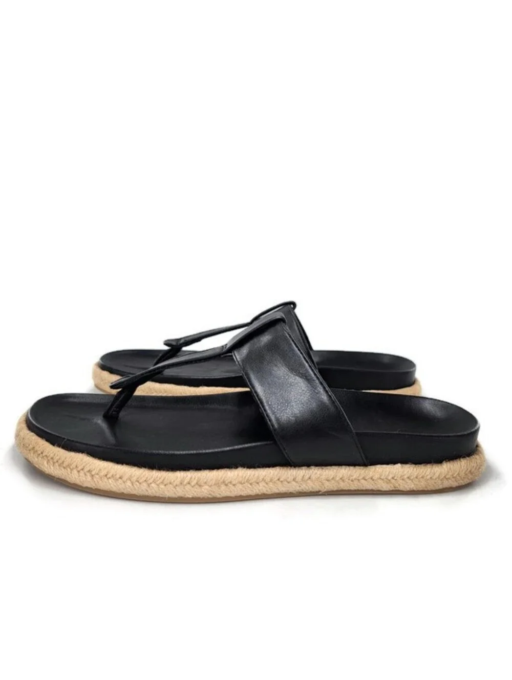 Joie Nacho Black Vegan Slide-On Thong Braided Jute Espadrille Flat Sandals